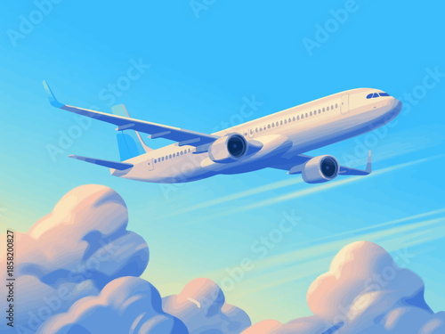 An airplane soars gracefully above fluffy clouds in a bright blue sky, symbolizing travel, adventure, and the thrill of exploring new horizons around the world.