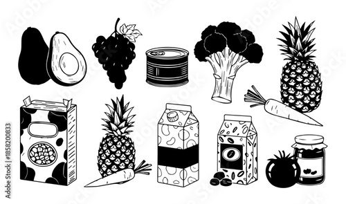 Organic food grocery items hand drawn doodle icon set