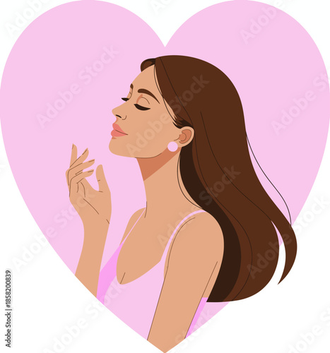 A graceful illustration of a woman enjoying her beauty routine framed by a heart shape, expressing self-love and the empowerment found in personal care and confidence.