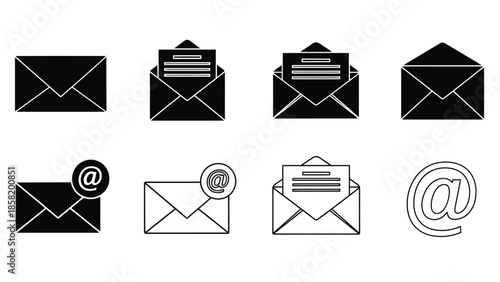 Black and white icons depicting various styles of opened and unopened envelopes