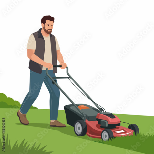 This image captures a man mowing his lawn, representing a peaceful day in gardening and home maintenance, highlighting the joy of keeping one's yard beautiful and tidy.