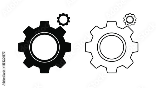 Black and white gear icons with detailed teeth representing mechanisms and settings