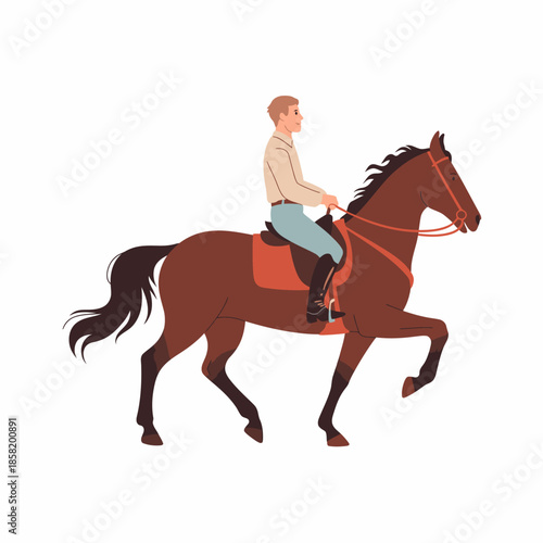 A man is confidently riding a strong brown horse, showcasing the connection between horse and rider while emphasizing the beauty of horsemanship in a natural setting.