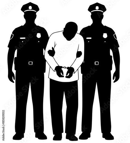 Black silhouette illustration of two police officers arresting a suspect in handcuffs.