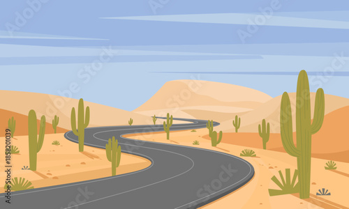 A scenic view of a winding road cutting across a vast desert landscape, capturing the essence of adventure and exploration in a minimalistic natural setting.