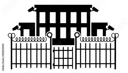 Black silhouette illustration of a high-security prison or government building with a barbed wire fence and CCTV cameras.