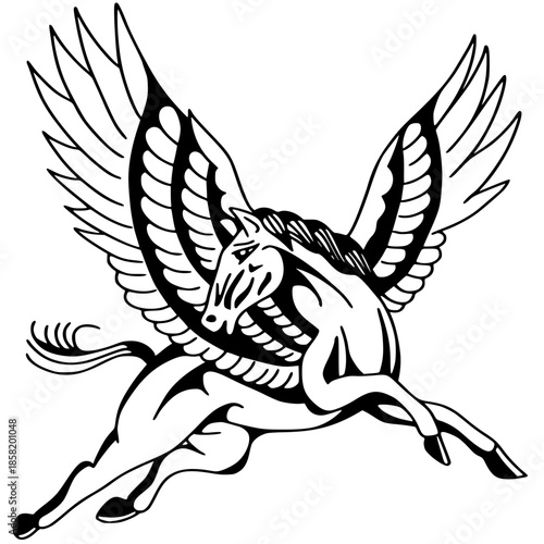 Dynamic black line art illustration of a Pegasus winged horse with stars. Traditional tattoo style graphic of a mythical flying stallion isolated on a white background.