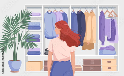 This illustration depicts a woman contemplating her outfit options while standing in front of an organized closet, symbolizing personal style and decision-making.
