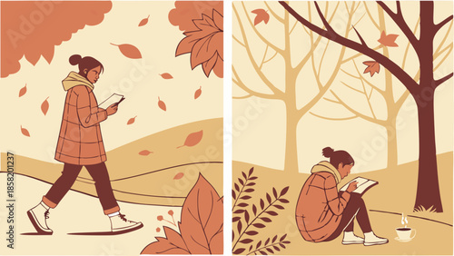 Peaceful Autumn Solitude Woman Reading Ebook Walking and Writing Journal Outdoors Fall Study and Relaxation Illustration
