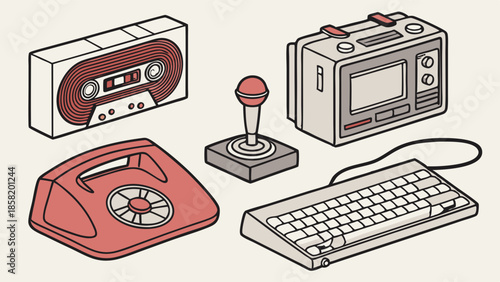 Vintage 80s Technology Set Isometric Illustration Retro Computing Gaming Keyboard Joystick Cassette Tape Nostalgia