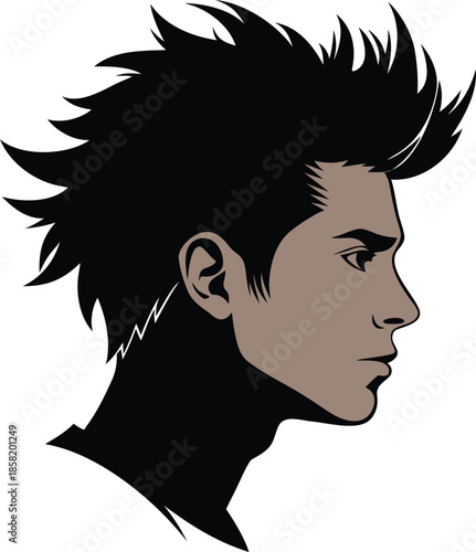 Vector illustration of a modern young man's profile with a dynamic spiky black hairstyle