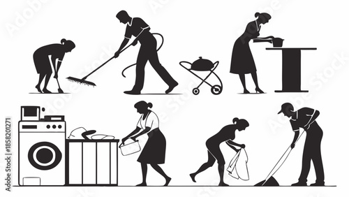 Cleaning Service Workers Silhouettes Set Housekeeping Maids Doing Domestic Chores and Laundry