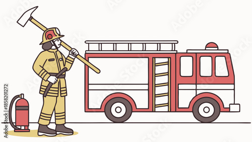 Professional Firefighter With Axe And Extinguisher Standing By Fire Truck Emergency Rescue Safety Services Illustration