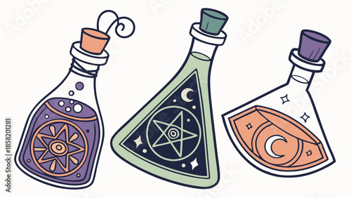 Witchcraft Potions Vector Set Magic Elixirs with Occult Symbols Pentagram Moon and Star for Fantasy Gaming Halloween and Spiritual Themes