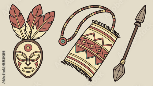 Traditional Tribal Artifacts Vector Set Ceremonial Mask Spear and Ethnic Woven Bag for Cultural History and Adventure Design