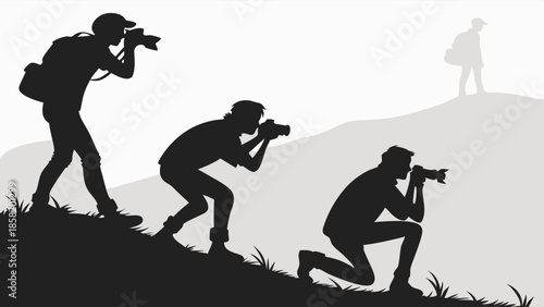 Focused Travel Photographers Silhouettes Taking Pictures on Hill Adventure Exploration and Outdoor Teamwork