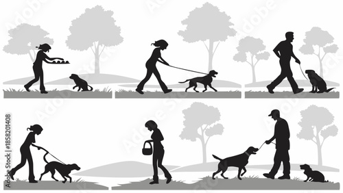 Responsible Pet Owner Guide Silhouette Dog Walking Training Feeding And Waste Cleanup In Park Setting Illustration