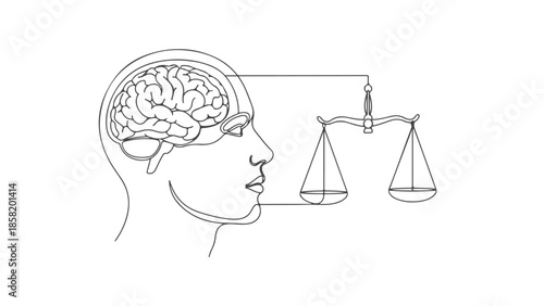 Continuous line art vector illustration of a human head with visible brain weighing justice on a scale