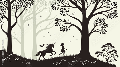 Magical Unicorn and Girl Silhouette Walking in a Dark Forest Fantasy Fairy Tale Dream Adventure Illustration
