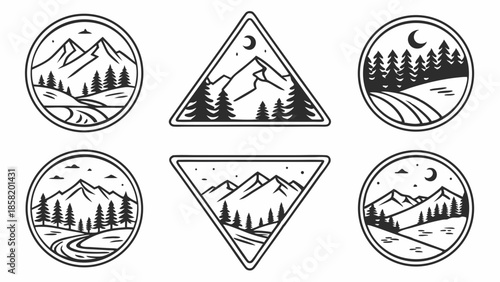 Outdoor Adventure Badges Mountain Forest Landscape Line Art Icons for Travel Apparel Design Camping Web Graphics