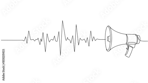 Continuous one line art vector illustration of a megaphone with sound wave signal