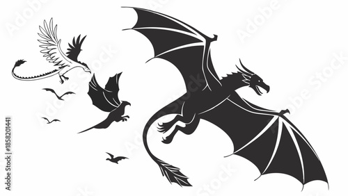 Flying Dragon Mythical Creatures Silhouette Soaring Epic Fantasy Adventure Game Art Publishing