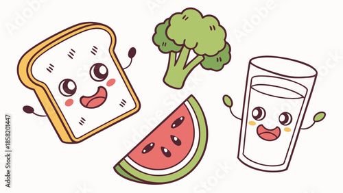 Cute Kawaii Toast Broccoli Watermelon Milk Characters Promoting Healthy Kids Nutrition for School Lunch or Diet Web Design