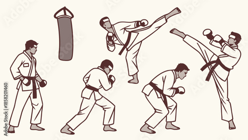 Dynamic Karate Fighter Kicking and Punching for Martial Arts Training, Sports Fitness, and Self-Defense Promotion, Energetic Action Illustration