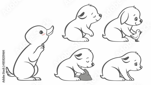 Cute Puppy Playing with Bird and Stone, Adorable Animal Friendship, Childhood Innocence, Sweet Pet Companionship, Joyful Moments, Family Pet Love, Gentle Playtime, Outdoor Fun,