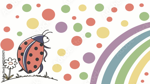 Cute Ladybug and Rainbow Dots for Children's Party Invitations, Greeting Cards, and Whimsical Website Graphics, Bringing Joyful and Playful Vibes
