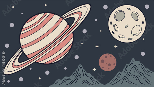 Cosmic Wonder: Whimsical Saturn-like Planet with Rings, Moon, and Rocky Landscape for Space Exploration, Sci-Fi, or Kids' Designs