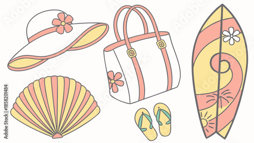 Summer Beach Vacation Essentials: Stylish Hat, Tote Bag, Surfboard, Fan, Flip Flops for Tropical Getaway Marketing and Travel Promotion