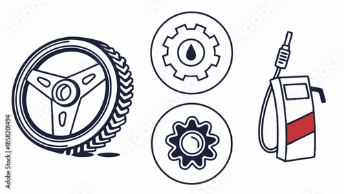 Automotive Service Icons: Tire, Gears, Fuel Pump for Auto Repair, Maintenance, and Transportation Industry Websites and Marketing Campaigns