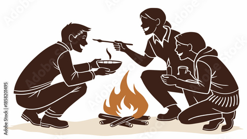 Family Camping Adventure Sharing Warm Meal Around Campfire, Outdoor Recreation, Bonding, Happy Moments, Summer Vacation, Lifestyle