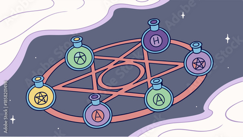 Mystical Potions Arranged in Occult Circle for Witchcraft Rituals, Alchemy, and Esoteric Healing Practices, Evoking Magic and Mystery