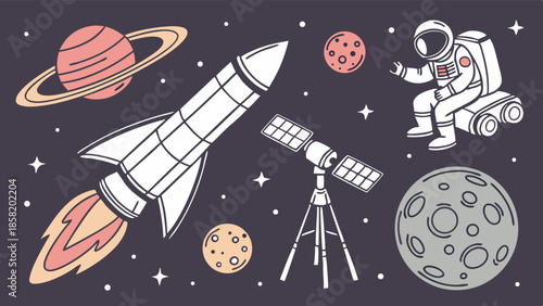 Astronaut Exploring Space with Rocket and Planets for Science Education, Kids Adventure, and Futuristic Technology Projects