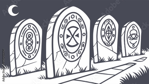Mysterious Ancient Runestones in Moonlit Cemetery Path for Halloween, Fantasy, or Gothic Website Design and Marketing Campaigns