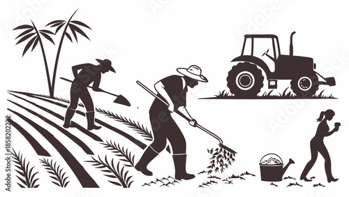Farmers Working Field with Tractor and Watering Can for Agriculture Business, Sustainable Farming, Rural Life, Growth, Harvest, Healthy Food Marketing