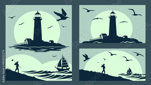 Coastal Lighthouse Silhouette with Seagulls and Sailboat, Inspiring Maritime Adventure and Travel for Vacation and Escape