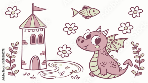 Cute Pink Dragon, Castle, and Fish for Children's Book Illustration, Fantasy Storytelling, Enchanting Kids' Party Invitation, Whimsical Greeting Card Design