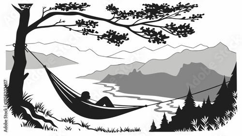Relaxing Traveler in Hammock Overlooking Serene Mountain Lake Valley, Inspiring Outdoor Adventure, Nature Escape, Peaceful Wilderness Retreat, Vacation Bliss, Scenic Landscape for