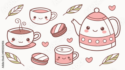 Cute Kawaii Tea Party Elements for Cheerful Branding, Social Media, and Sweet Food Marketing Designs