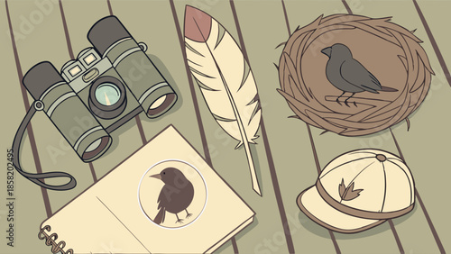 Birdwatching Adventure Gear Binoculars Feather Nest Hat Notebook for Nature Exploration and Outdoor Education Discovery