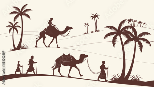 Desert Caravan Journeying Through Sands with Palm Trees for Travel Tourism Adventure and Exploration Themes