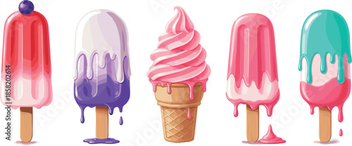 Colorful melting ice cream and popsicle illustration set with dripping frozen desserts in cute glossy cartoon style for summer treats, packaging, and food designs
