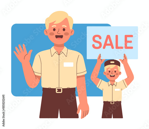 A cheerful salesman waves while holding a large 'SALE' sign, aided by a smaller version of himself conveying excitement for customers finding great deals and promotions on products.