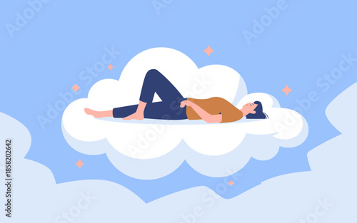 This whimsical illustration depicts a person lying on a fluffy cloud, symbolizing a serene escape from reality and embracing tranquility in a fantastical, dreamy setting.