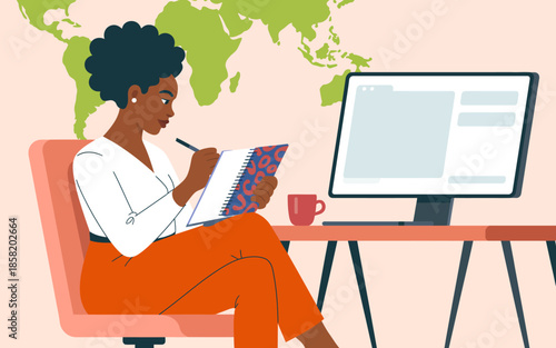 An illustration of a woman taking notes while working at her desk, surrounded by a world map, emphasizing global connectivity, creativity, and productivity in a workspace.