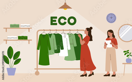 A vibrant eco-friendly fashion display showcasing stylish green garments on a rack, emphasizing sustainability and eco-conscious choices in clothing.