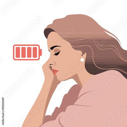 This image depicts a woman resting her head on her hand, showcasing the burden of exhaustion, complemented by a low battery icon representing fatigue and lack of energy.